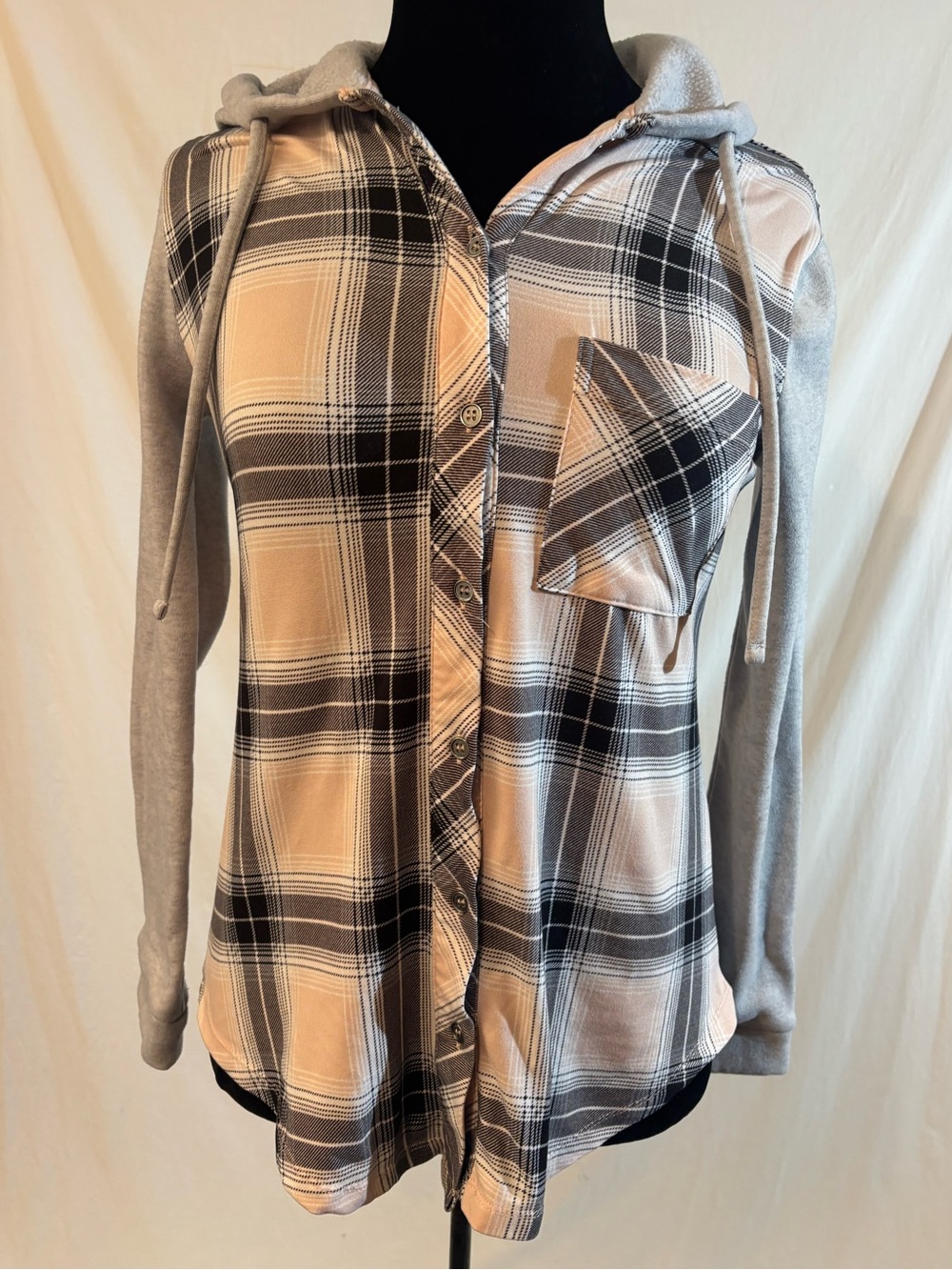 Pink Gray Plaid Hooded Button Front Top Soft Grunge Y2K Skater Streetwear Small